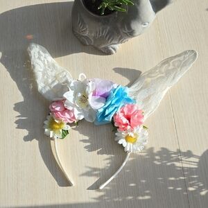 New Cream Lace Bunny Ear Headband with Pink, Blue & White Flowers